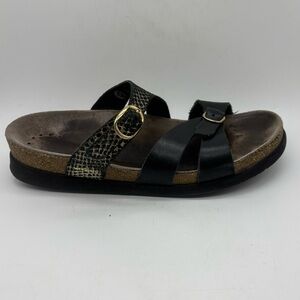 Mephisto Hannel Black Gold Leather Sandal Slip On Sz 37 US 7